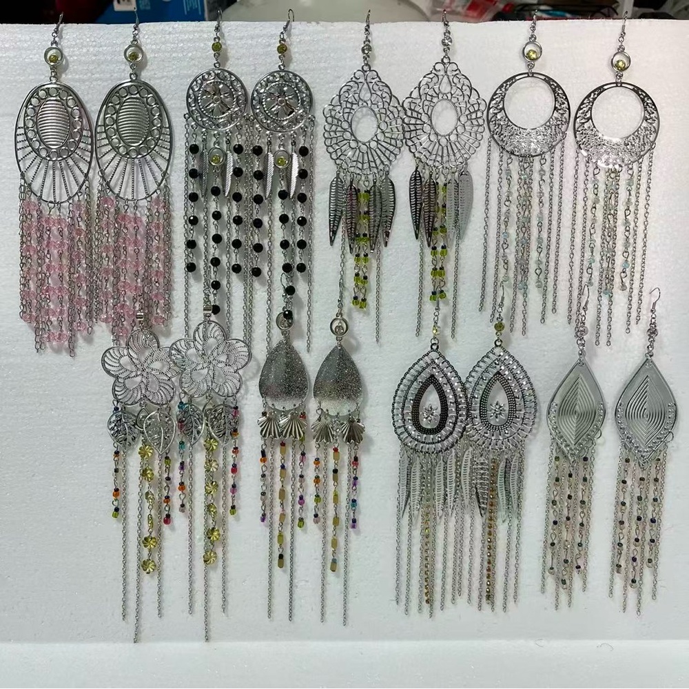 Bundle of 8 sets dangle/chandelier Silver beaded earrings large shiny easy match